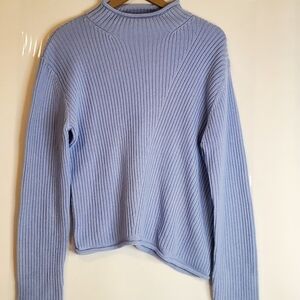 METROPOLIS Women's Lt. Blue mock neck L/Sl ribbed 50% Wool sweater
